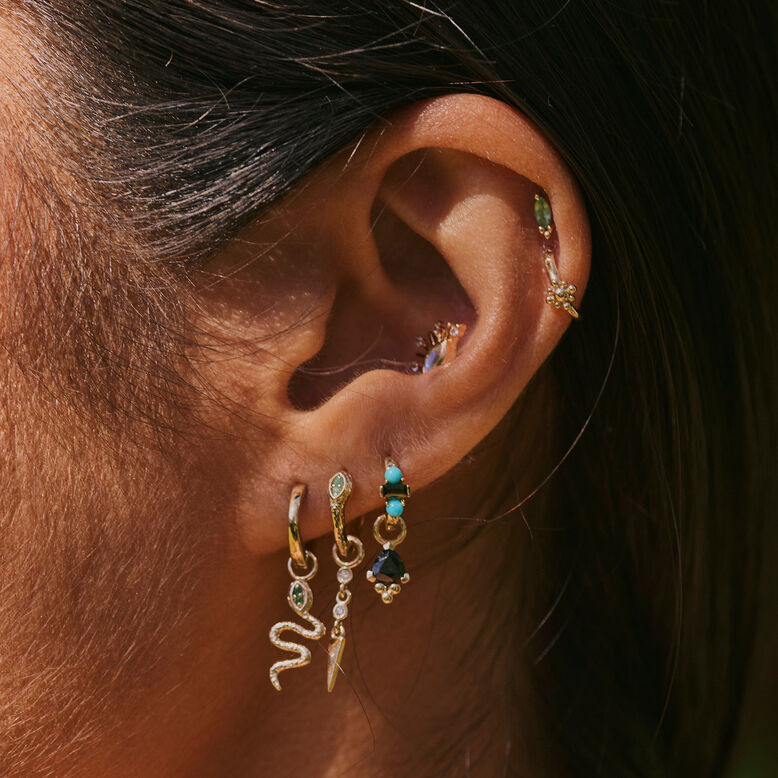 Green Tourmaline &amp; Turquoise Huggie Hoop Earring 9k Gold Single, , hi-res