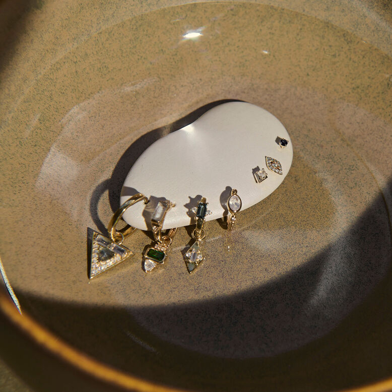 London Blue Topaz &amp; Diamond Baguette Huggie Hoop Earring 9k Gold Single, , hi-res