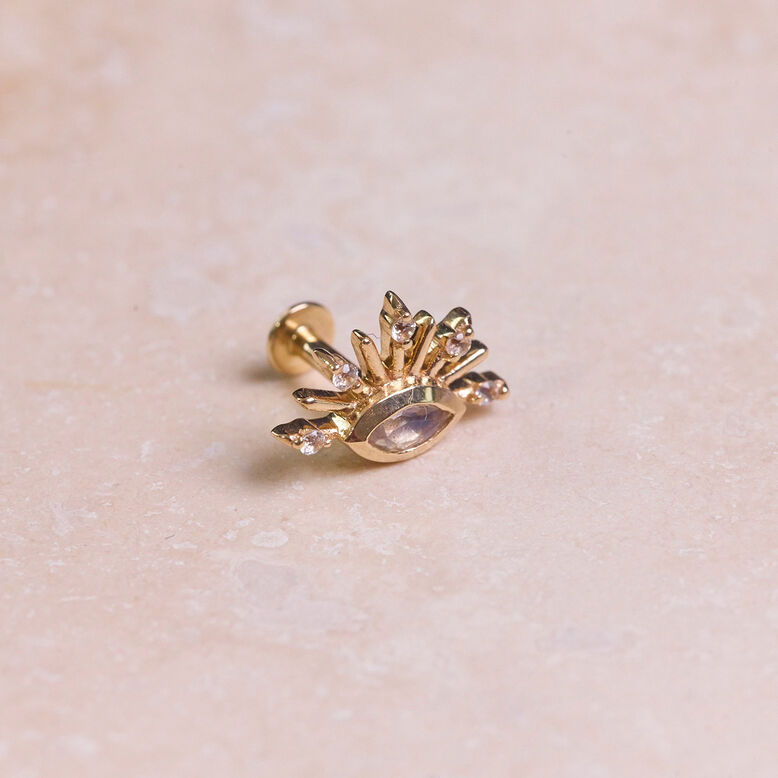 Moonstone &amp; White Sapphire Sunburst Flat Back Earring 9k Gold 8mm Single, , hi-res