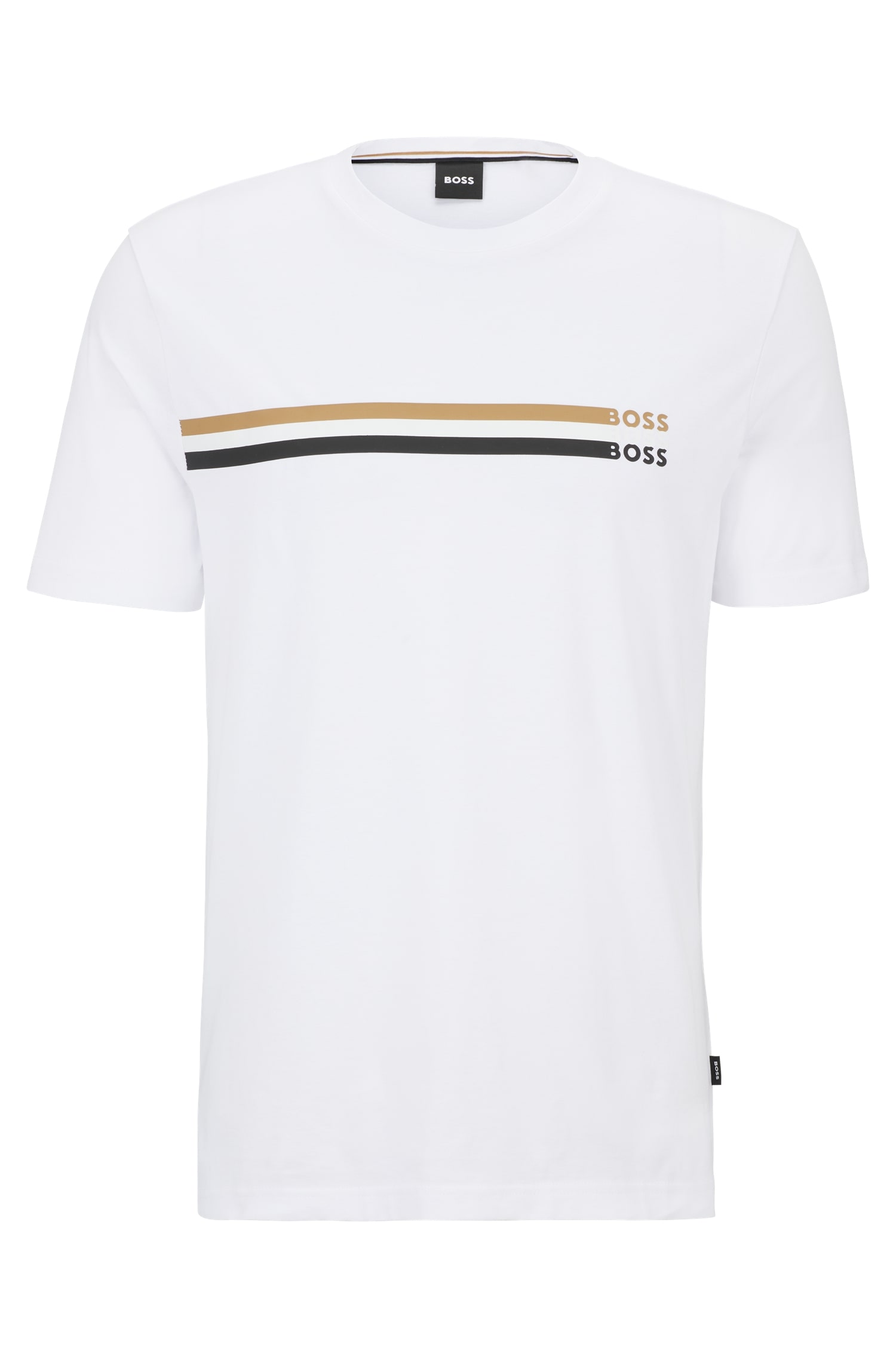 HUGO BOSS｜ (Cotton-jersey T-shirt with signature-stripe BOSS - Cotton-jersey T-shirt with signature-stripe cuffs - White